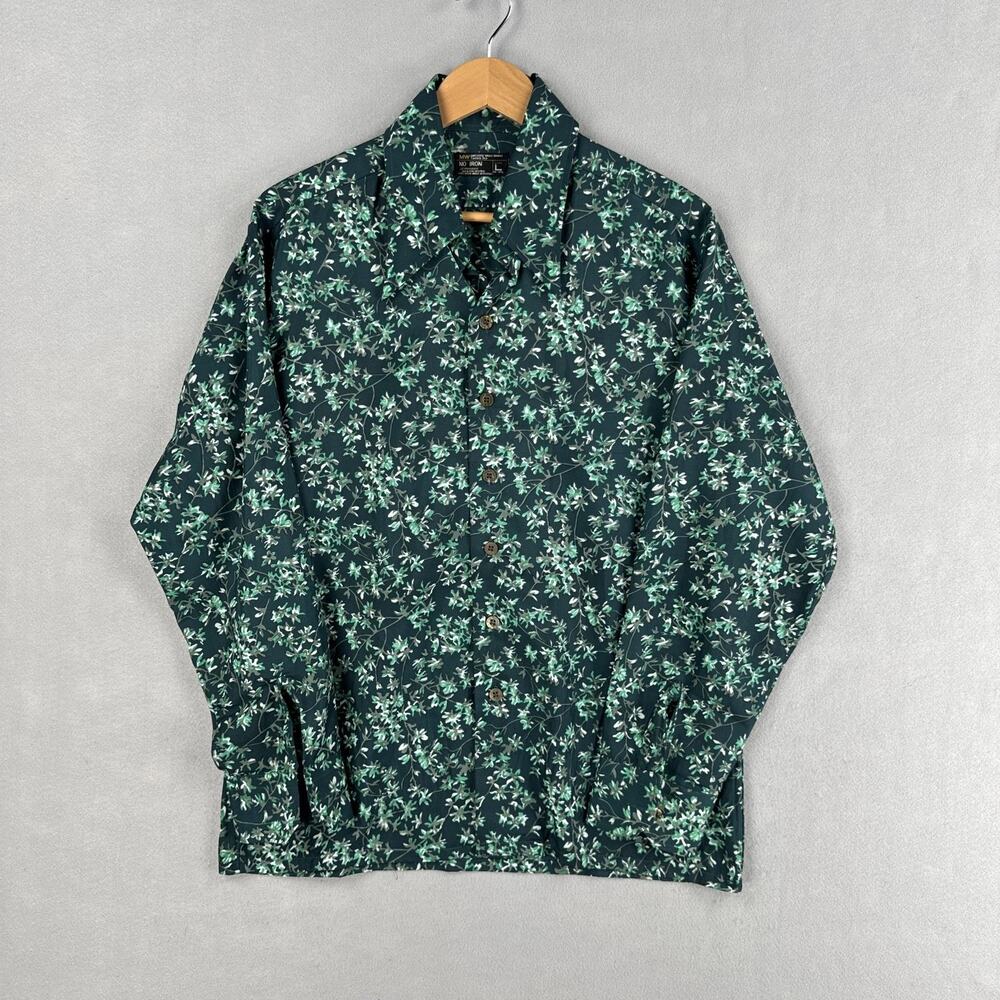 Vintage JCPenney Shirt Mens Large Green Floral Polyester No Iron Button Up 70s